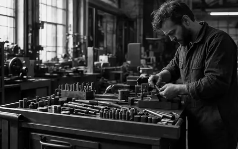 Dokumentarische Schwarzweiß-Aufnahme eines Mechanikers zeigt Snap-on Inc. Aktie ISIN US8330341012 in der Werkzeugfertigungsindustrie - Foto: THN
