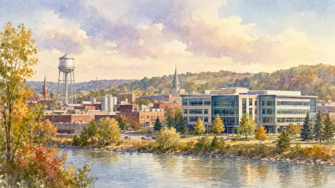 Aquarellbild einer Midwest-Kleinstadt mit modernem Firmengebäude am Flussufer