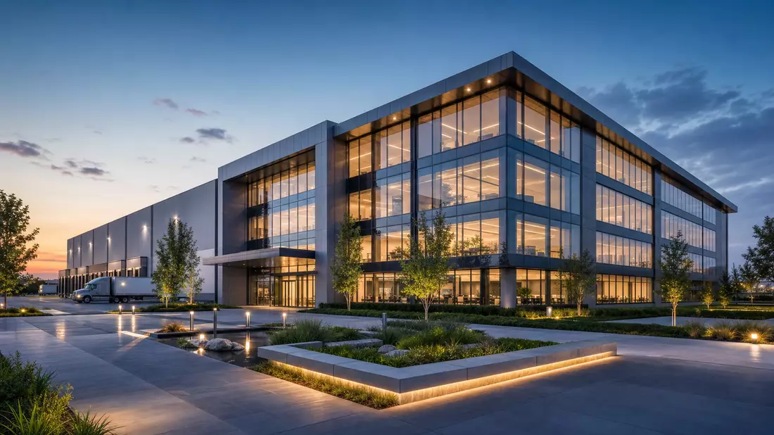 3D-Render einer modernen Glas-Stahl-Firmenzentrale mit Logistikbereich bei Dämmerung
