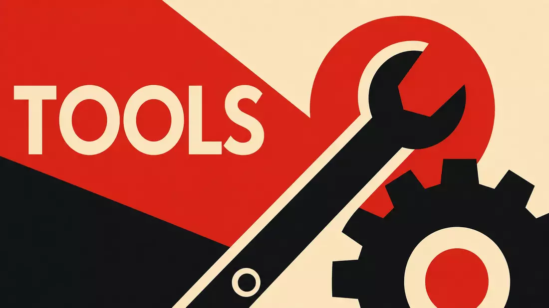 Bauhaus-Poster mit stilisiertem Schraubenschlüssel und Zahnrad in Rot Schwarz Creme