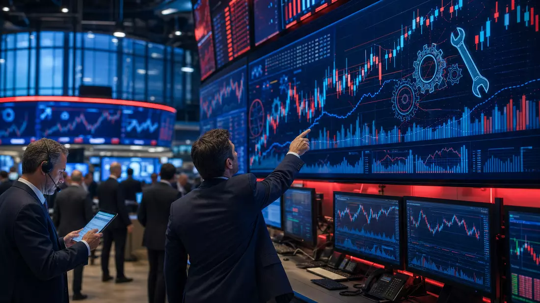 Trading-Floor mit Händlern vor Bildschirmen und Industrie-Aktiencharts mit Zahnrädern