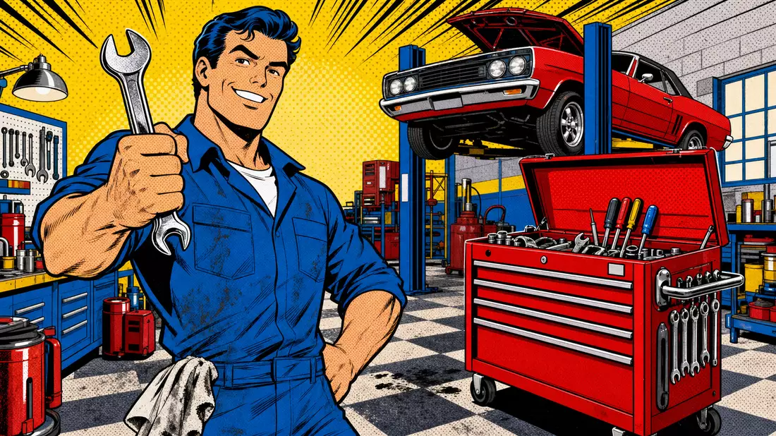 Pop-Art-Comic zeigt lächelnden Mechaniker mit Schraubenschlüssel neben rotem Werkzeugwagen