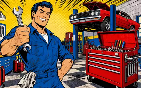 Farbenfrohe Pop-Art-Comic-Szene mit Mechaniker und Werkzeugwagen feiert Snap-on Inc. Branche, ISIN US8330341012 als Symbol - Foto: THN