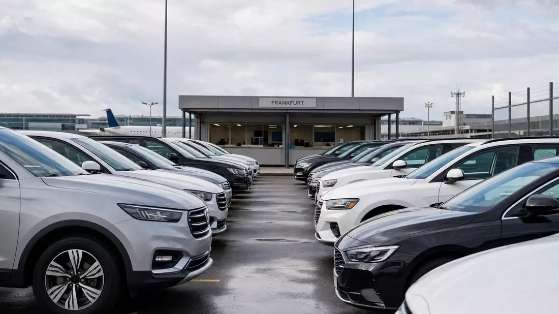 Reihen unbeschrifteter Mietwagen auf einem Flughafen-Parkplatz bei bewölktem Himmel