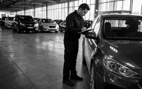 Schwarzweiß-Reportagefoto eines Mitarbeiters bei sorgfältiger Fahrzeugkontrolle illustriert das Kerngeschäft von Sixt SE DE0007231334 im Vermietgeschäft - Foto: THN