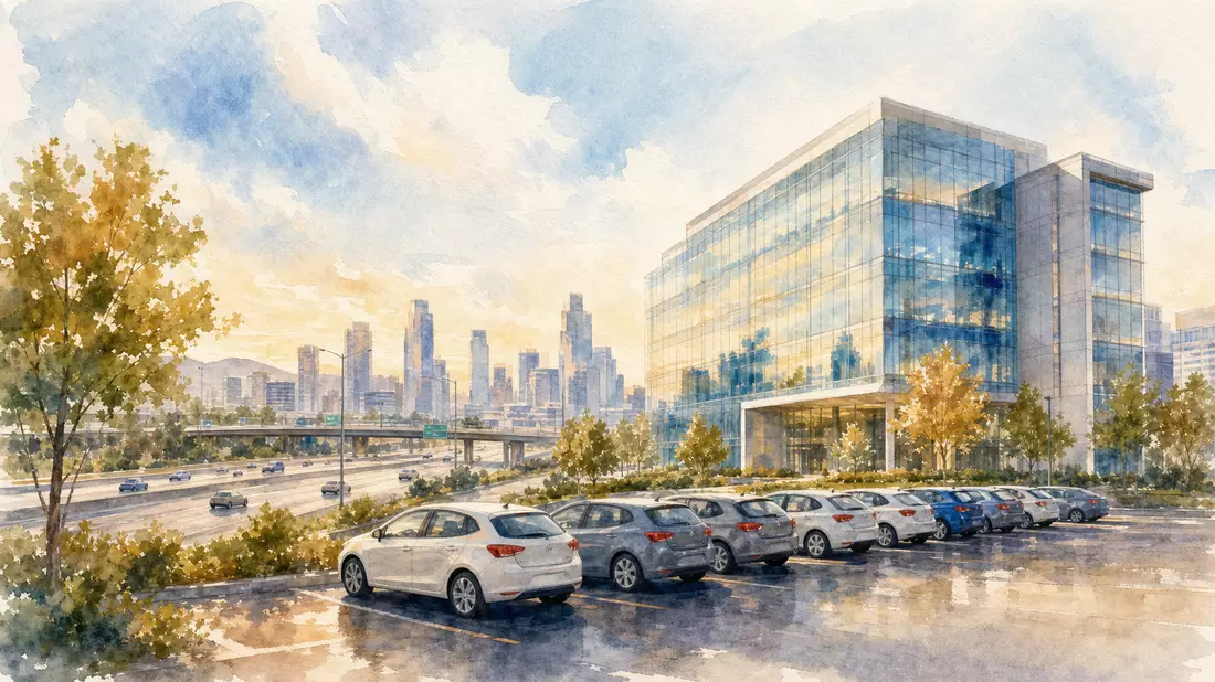 Aquarell einer gläsernen Firmenzentrale mit Mietwagen und Stadtskyline im Hintergrund