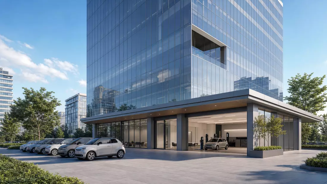 3D-Architekturvisualisierung eines Glasgebäudes mit kleinen Mietfahrzeugen davor