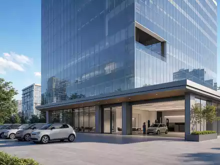 Architektur-Render eines modernen Bürogebäudes mit Mietwagenflotte visualisiert Sixt SE DE0007231334 als Aktiengesellschaft - Foto: THN