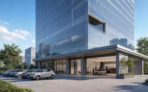 Architektur-Render eines modernen Bürogebäudes mit Mietwagenflotte visualisiert Sixt SE DE0007231334 als Aktiengesellschaft - Foto: THN
