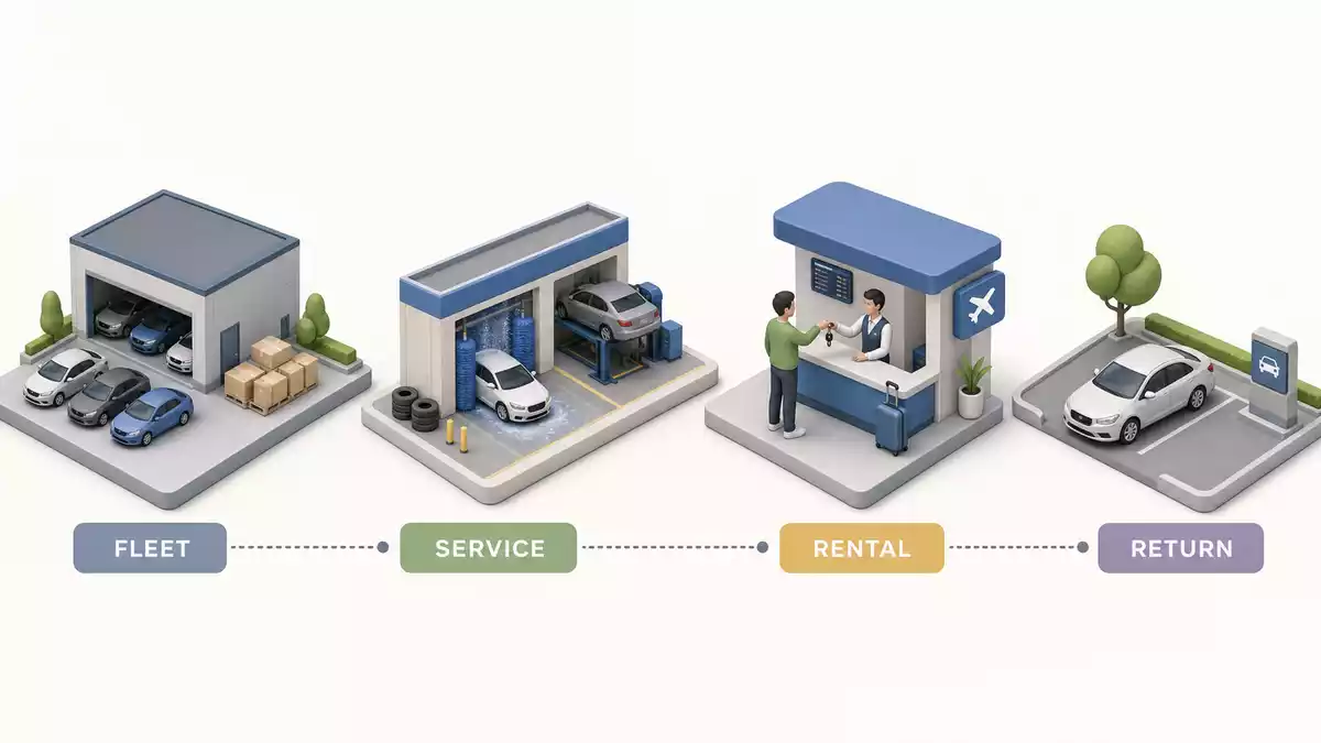 Isometrische 3D-Grafik der Prozesskette Flotte, Service, Vermietung und Rückgabe
