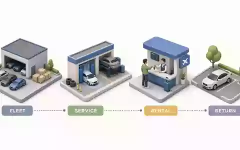 Isometrisches 3D-Diagramm der gesamten Vermiet-Wertschöpfungskette illustriert anschaulich das Geschäftsmodell von Sixt SE DE0007231334 - Foto: THN