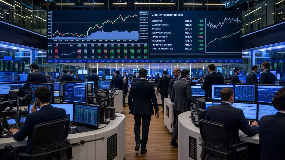 Trading-Floor in Frankfurt mit Bildschirmen zu Mobilitätssektor-Indizes und Händlern