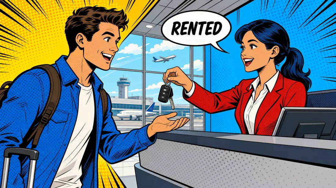 Pop-Art-Comic zeigt Schlüsselübergabe an einem Mietwagenschalter im Flughafen