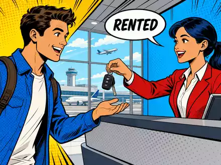 Bunte Pop-Art-Comicszene einer Autoschlüsselübergabe am Flughafen verbildlicht das Kerngeschäft von Sixt SE DE0007231334 - Foto: THN