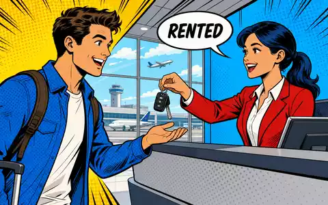 Bunte Pop-Art-Comicszene einer Autoschlüsselübergabe am Flughafen verbildlicht das Kerngeschäft von Sixt SE DE0007231334 - Foto: THN