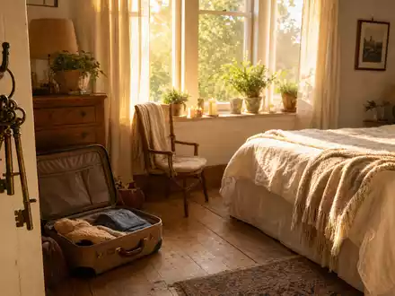 Airbnb Inc. US0090661010 fotorealistische gemütliche Ferienunterkunft mit Koffer und Schlüsseln im warmen Abendlicht - Foto: THN