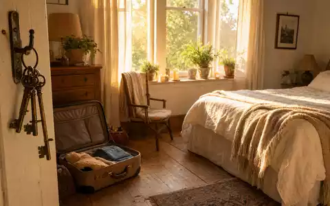 Airbnb Inc. US0090661010 fotorealistische gemütliche Ferienunterkunft mit Koffer und Schlüsseln im warmen Abendlicht - Foto: THN