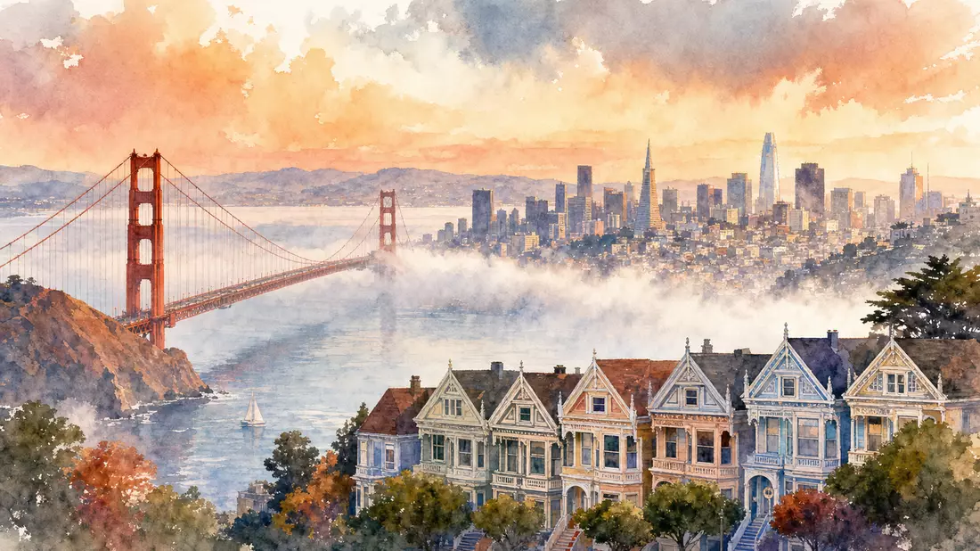 San-Francisco-Skyline mit Golden Gate Bridge und viktorianischen Häusern als Aquarellmalerei