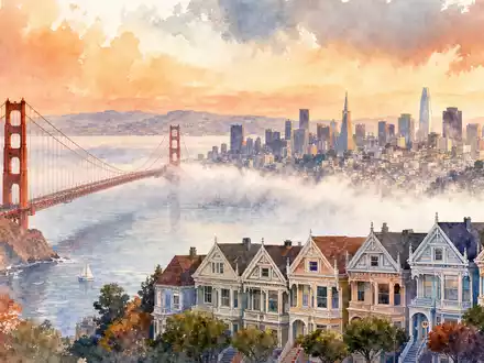 Airbnb Inc. US0090661010 Aquarellillustration San Francisco Skyline mit Golden Gate Bridge im Morgennebel - Foto: THN