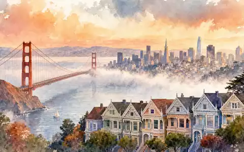 Airbnb Inc. US0090661010 Aquarellillustration San Francisco Skyline mit Golden Gate Bridge im Morgennebel - Foto: THN