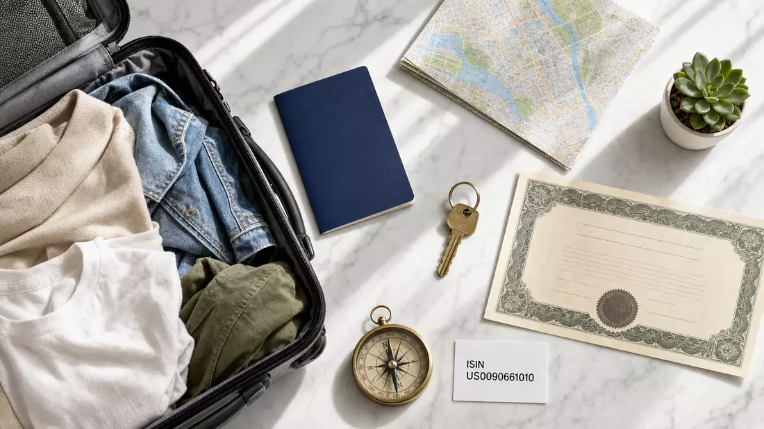 Draufsicht auf Reiseutensilien: Koffer, Pass, Karte, Schlüssel, Aktienzertifikat und ISIN-Karte