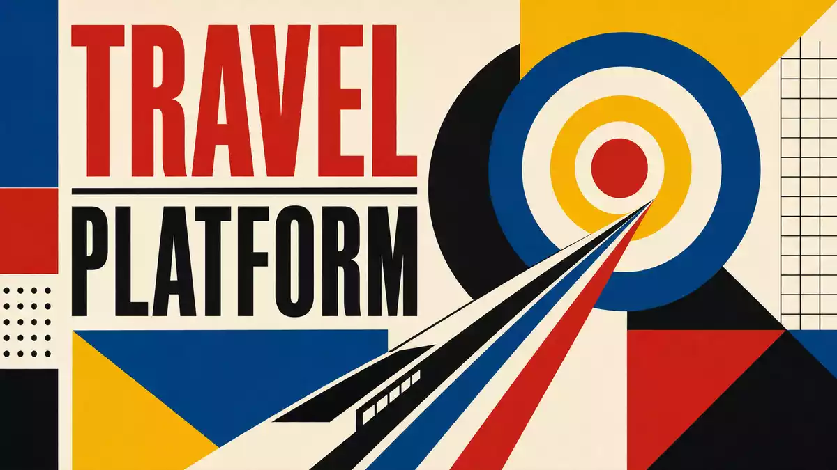 Bauhaus-Poster mit Aufschrift TRAVEL PLATFORM, Kreisen und Dreiecken in Rot Blau Gelb Schwarz
