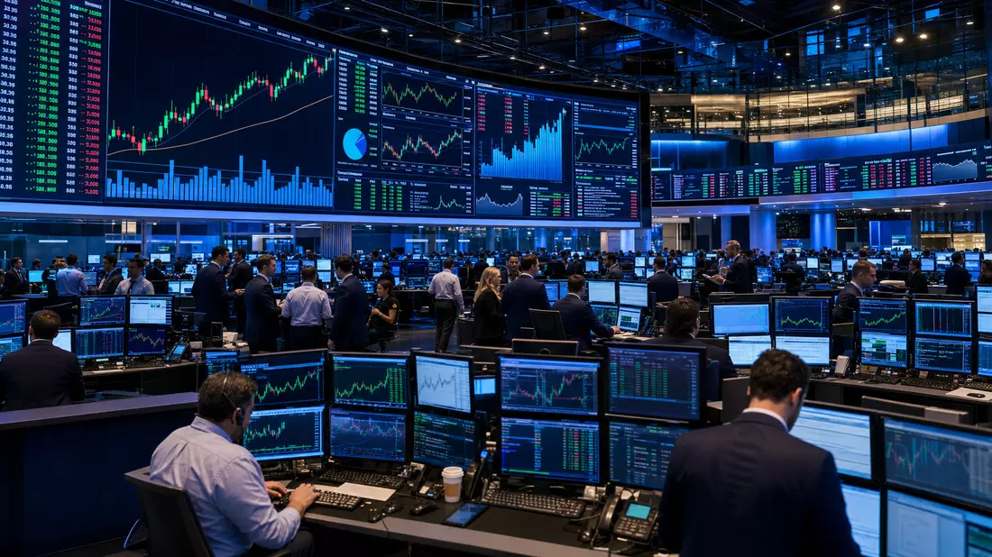 Belebter NASDAQ-Börsensaal mit Händlern, Monitoren und großen Kursanzeigen an der Wand
