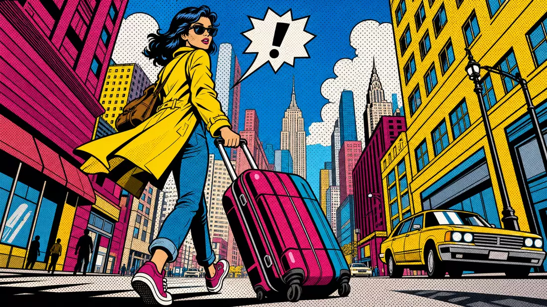 Pop-Art-Comic mit Reisender und Rollkoffer in leuchtend bunter Großstadt im Lichtenstein-Stil