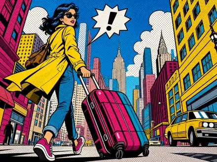 Airbnb Inc. US0090661010 Pop Art Comic mit stilisierter Reisender und Koffer in bunter Großstadt Kulisse - Foto: THN