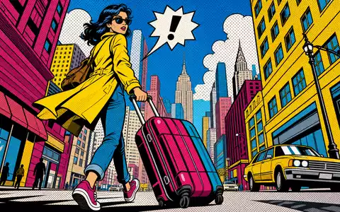 Airbnb Inc. US0090661010 Pop Art Comic mit stilisierter Reisender und Koffer in bunter Großstadt Kulisse - Foto: THN
