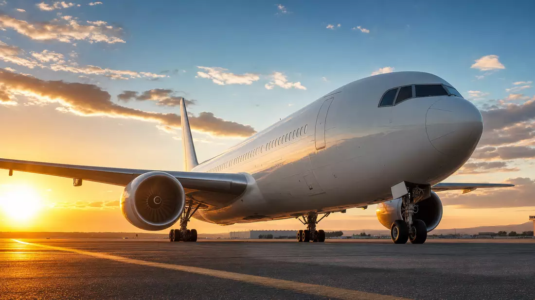 Weißes Passagierflugzeug auf Startbahn bei goldenem Sonnenaufgang