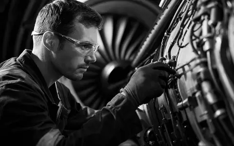 Alaska Air Group Inc. US0116591092 â Schwarz-WeiĂ-Reportage eines Technikers vor groĂer Flugzeugturbine - Foto: THN