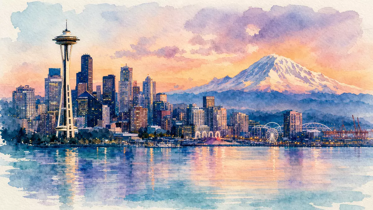 Aquarell Seattler Skyline mit Mount Rainier und Elliott Bay