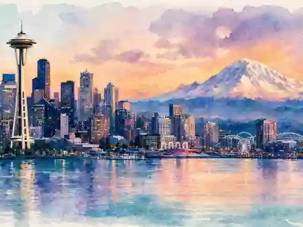 Alaska Air Group Inc. US0116591092 – Aquarellillustration Skyline Seattle mit Mount Rainier - Foto: THN