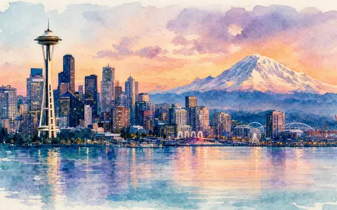 Alaska Air Group Inc. US0116591092 – Aquarellillustration Skyline Seattle mit Mount Rainier - Foto: THN