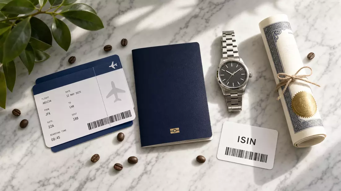 Boardingpass, Reisepass, Armbanduhr und ISIN-Karte auf Marmor