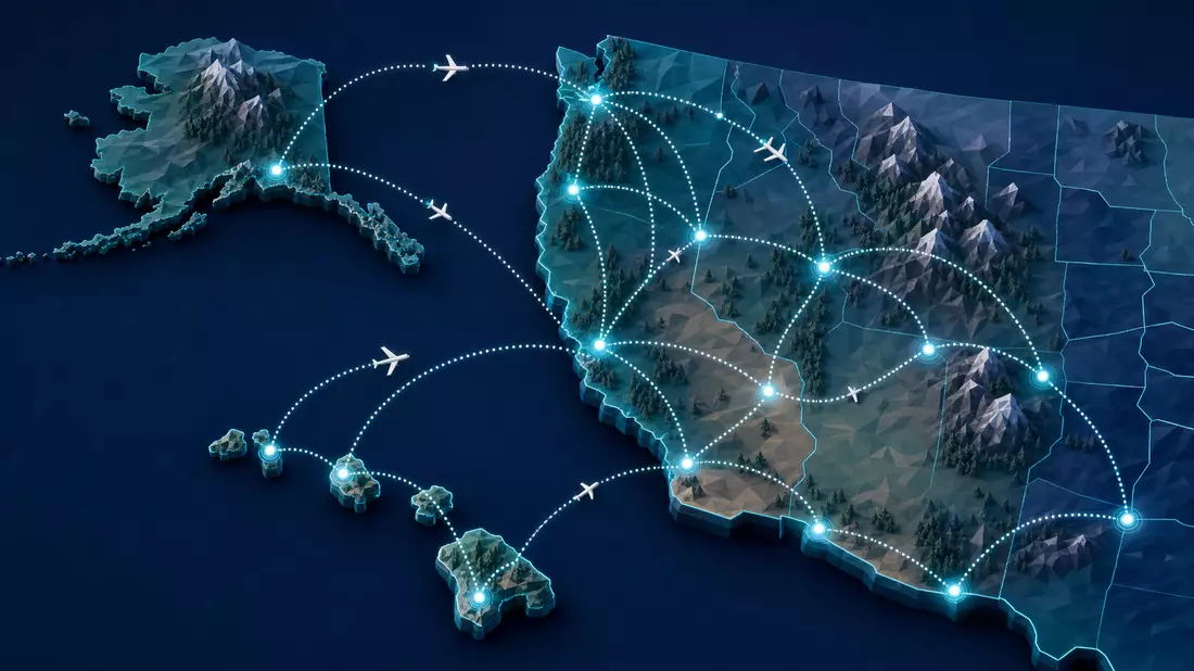 Isometrische 3D-Streckenkarte West-USA, Alaska und Hawaii