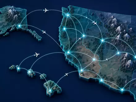Alaska Air Group Inc. US0116591092 – Isometrische 3D-Karte Streckennetz West-USA Alaska Hawaii - Foto: THN