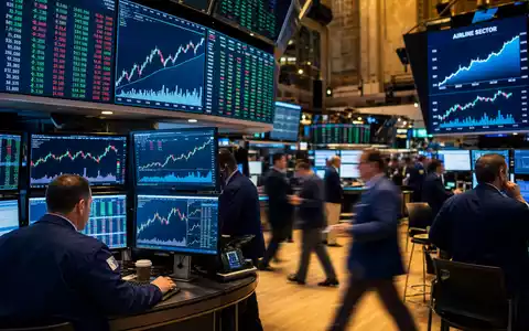Alaska Air Group Inc. US0116591092 – Börsen-Editorial NYSE-Handelsraum mit steigenden Airline-Sektorgrafiken und Händlern - Foto: THN