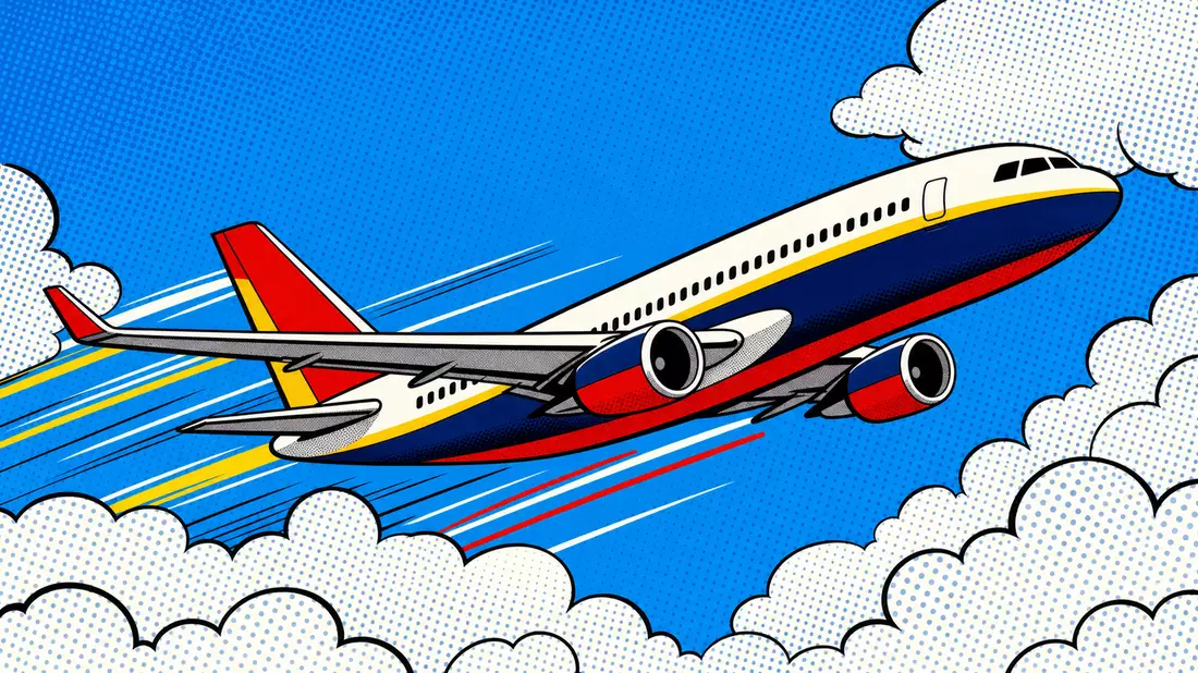 Pop-Art-Comicflugzeug über Halbtonpunkt-Wolken, Lichtenstein-Stil