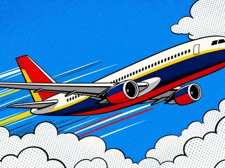Alaska Air Group Inc. US0116591092 – Pop-Art-Comic Flugzeug zwischen stilisierten Wolken Lichtenstein - Foto: THN