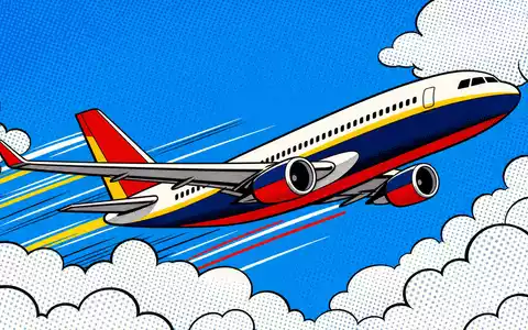 Alaska Air Group Inc. US0116591092 – Pop-Art-Comic Flugzeug zwischen stilisierten Wolken Lichtenstein - Foto: THN