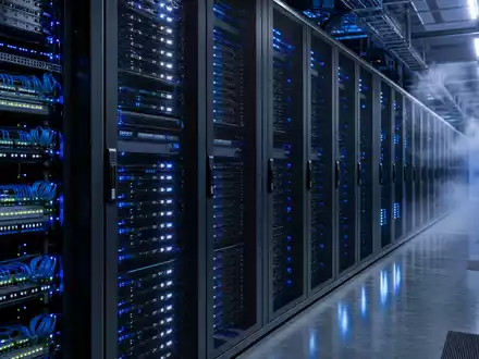 Akamai Technologies Inc. US00971T1016 photorealistic data center server rows blinking LEDs blue light - Foto: THN