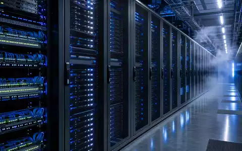 Akamai Technologies Inc. US00971T1016 photorealistic data center server rows blinking LEDs blue light - Foto: THN