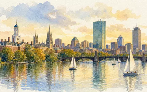 Akamai Technologies Inc. US00971T1016 watercolor Cambridge Boston skyline Charles River sailboats golden hour - Foto: THN