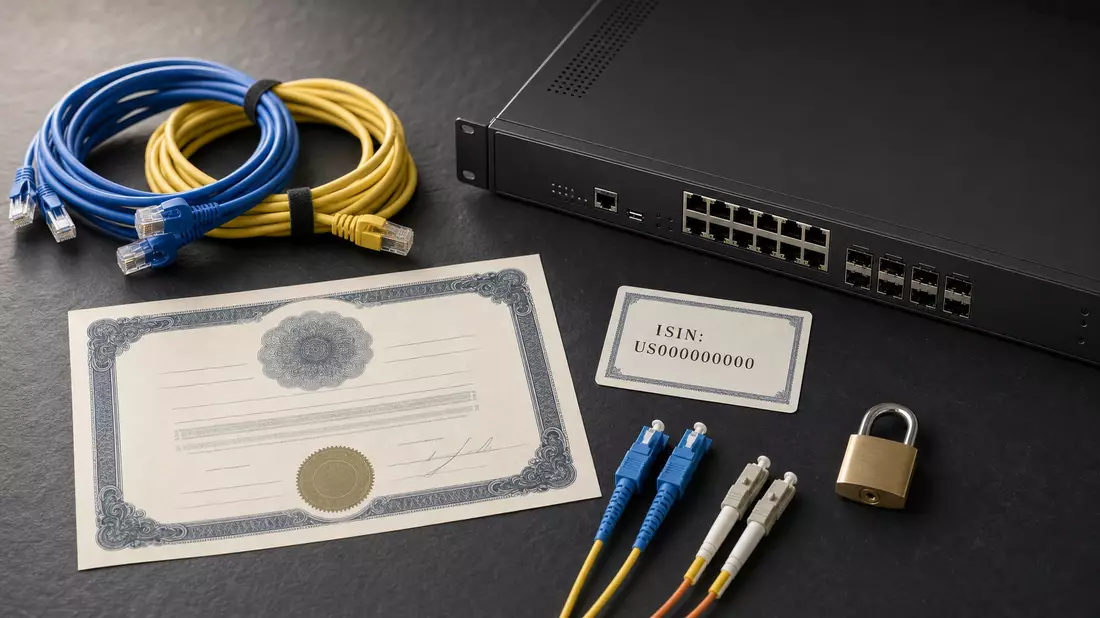Flatlay: Ethernet-Kabel, Firewall und Aktien-Zertifikat