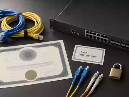 Akamai Technologies Inc. US00971T1016 flatlay ethernet cables firewall module stock certificate ISIN card - Foto: THN