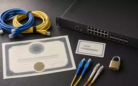 Akamai Technologies Inc. US00971T1016 flatlay ethernet cables firewall module stock certificate ISIN card - Foto: THN