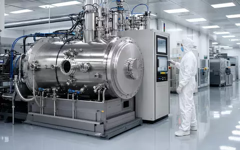 AIXTRON SE DE000A0WMPJ6 zeigt einen Reinraum mit generischem MOCVD-Reaktor und Techniker im Bunnysuit am Kontrollpanel - Foto: THN