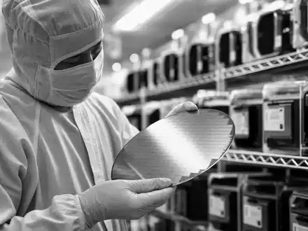 AIXTRON SE DE000A0WMPJ6 Schwarz-WeiĂ-Reportage eines Ingenieurs beim sorgfĂ€ltigen Wafer-Handling im sterilen Halbleiter-Reinraum - Foto: THN